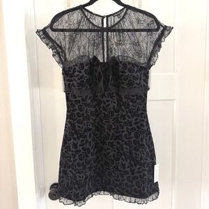 NWT For Love & Lemons Midnight Burnout Velvet Lace Bow Mini Dress Black Cap S